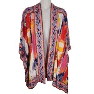 Tolani Regular Printed Open Front Woven Wrap Kimono Womens Large Abstract Red